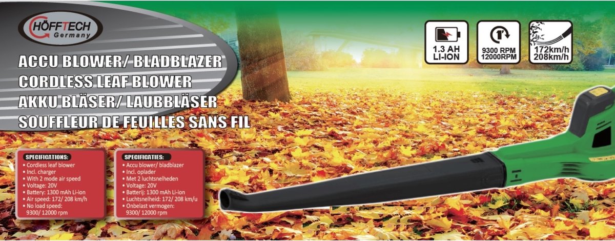 Hofftech Draadloze Bladblazer met Accu - 20 V 1300 Mah