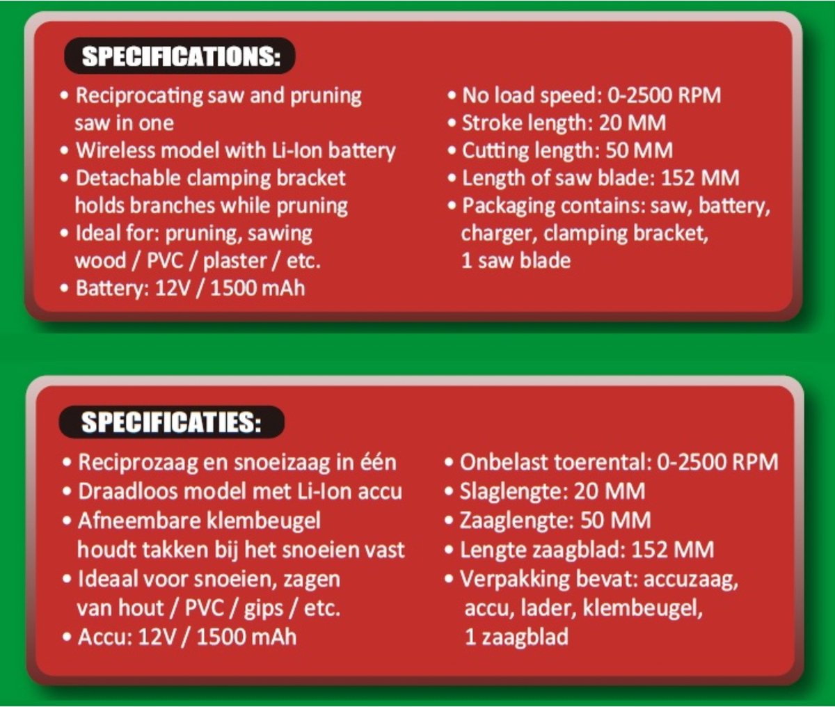 Hofftech Accu Reciprozaag/ Snoeizaag - 152 mm zaagblad - 12V - 1500mAh
