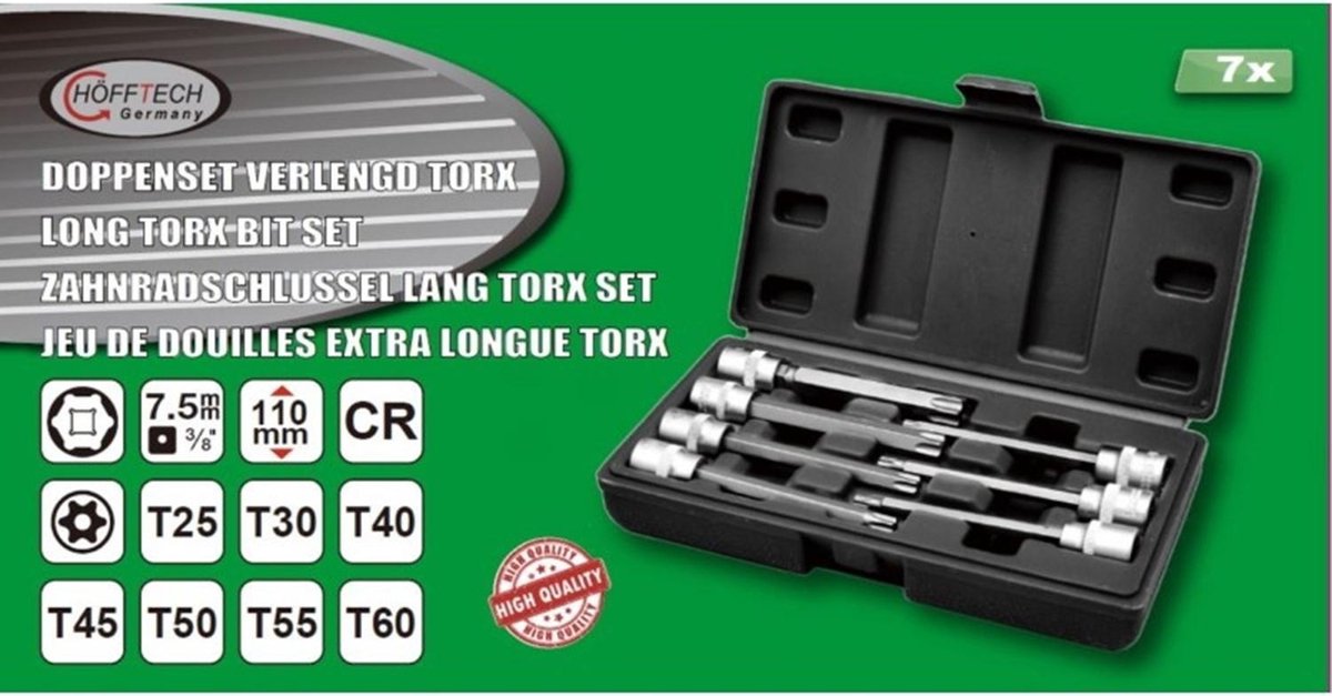 Hofftech Doppenset Verlengd - Torx 3/8" - 10 mm - T25 t/m T60 - 7 delig